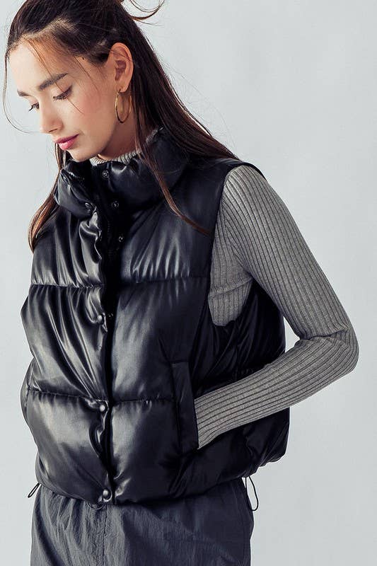 Black Stand Collar Relaxed Cropped Puffer Vest