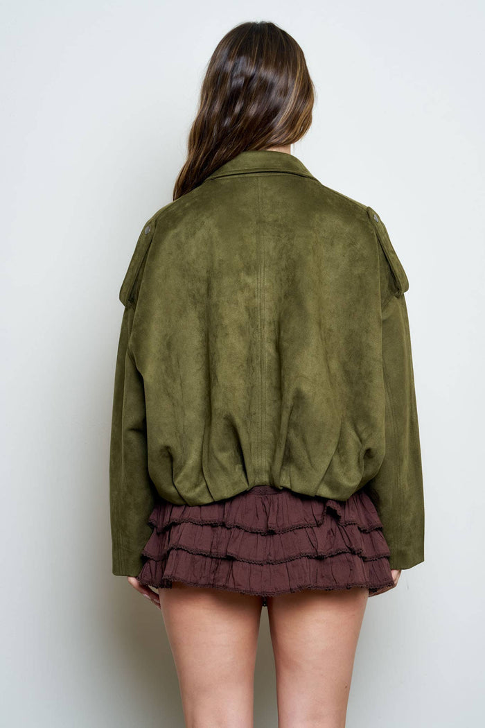 SUEDE EPAULET COLLARED ZIP-UP CROPPED JACKET : OLIVE