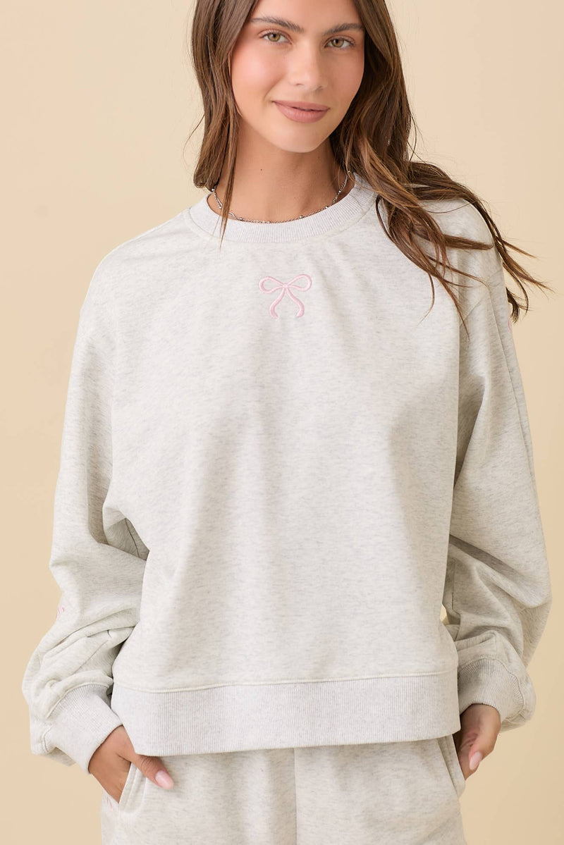 Crewneck With Ribbon Bows in Heather Grey