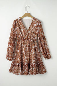 Boho Floral Ruffle V-Neck Mini Dress in Brown