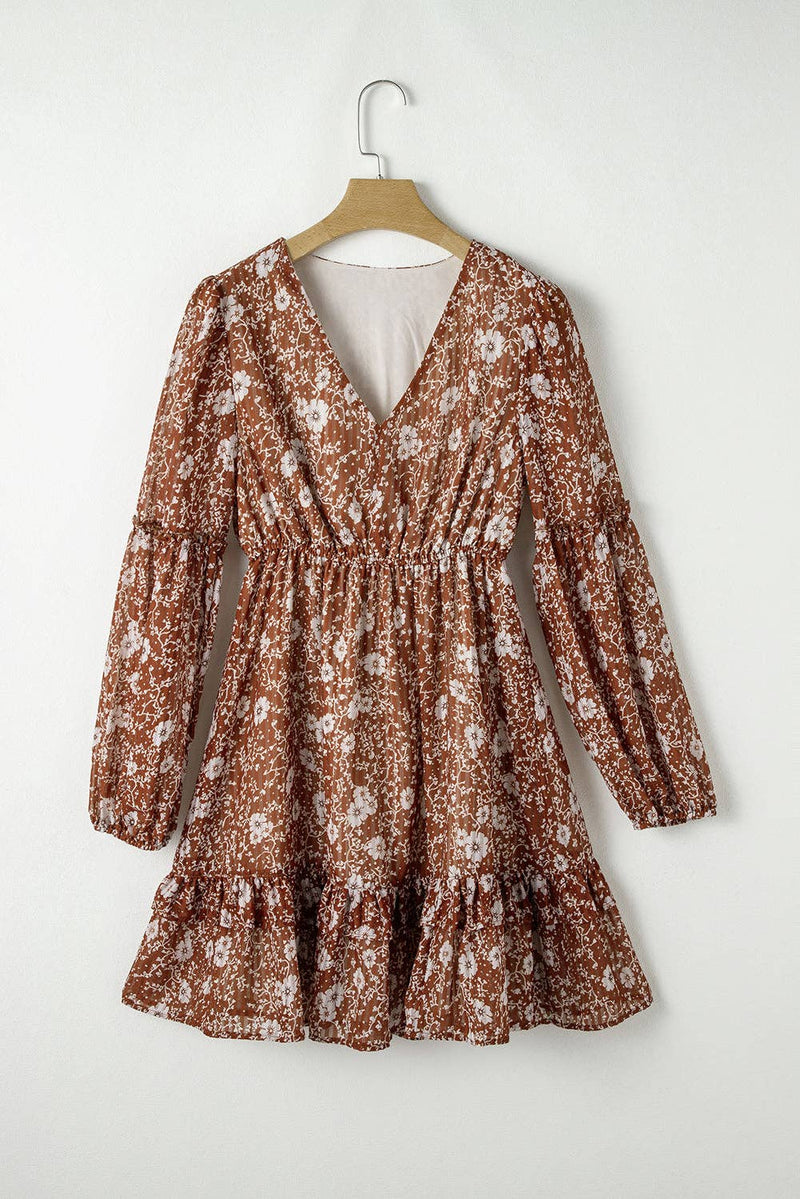 Boho Floral Ruffle V-Neck Mini Dress in Brown