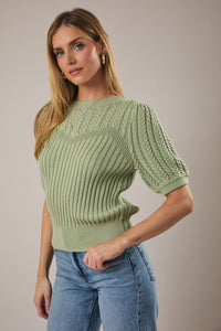 ROUND NECK PUFF SHORT SLEEVE CABLE SWEATER: APRICOT / M