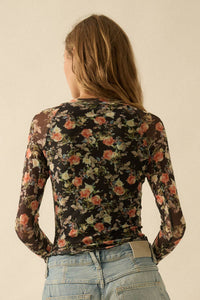 Floral Mesh Mock-Neck Thumbhole Raglan Top in Black