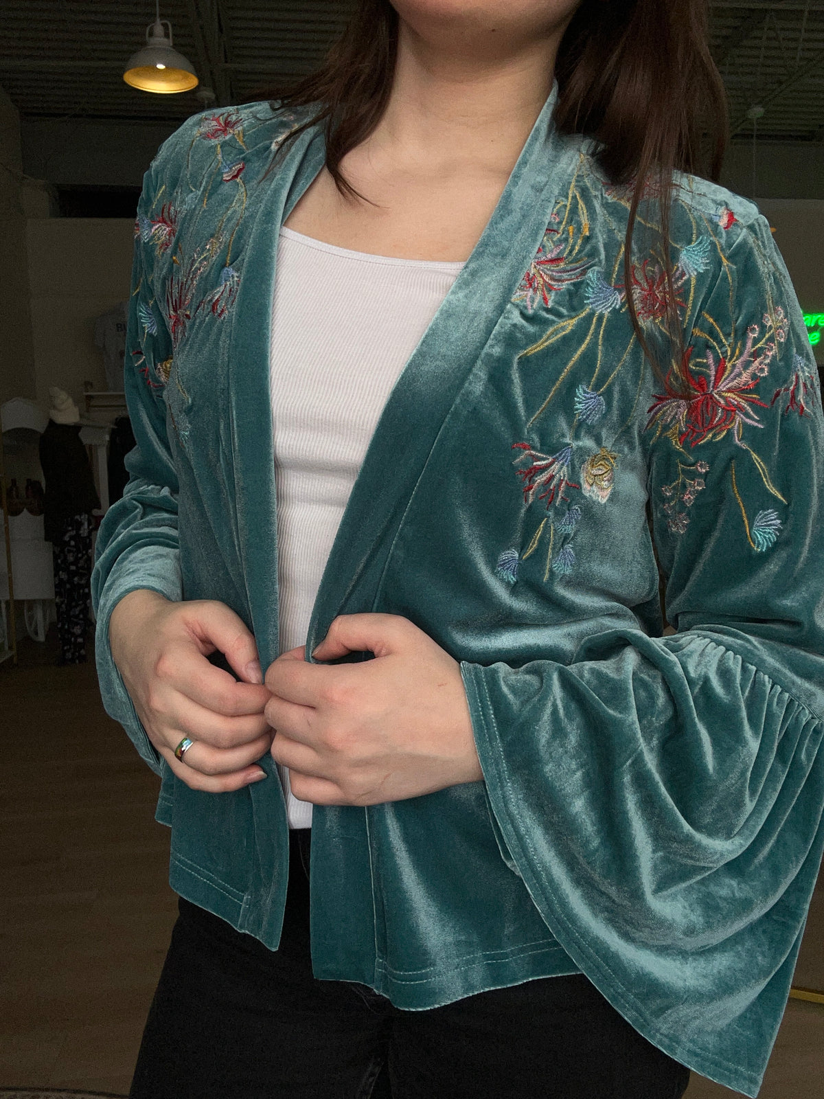 Embroidery Velvet Kimono in Emerald