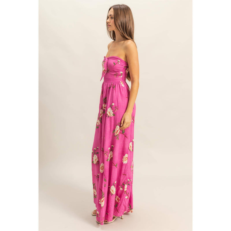 Floral Print Strapless Jumpsuit in Magenta