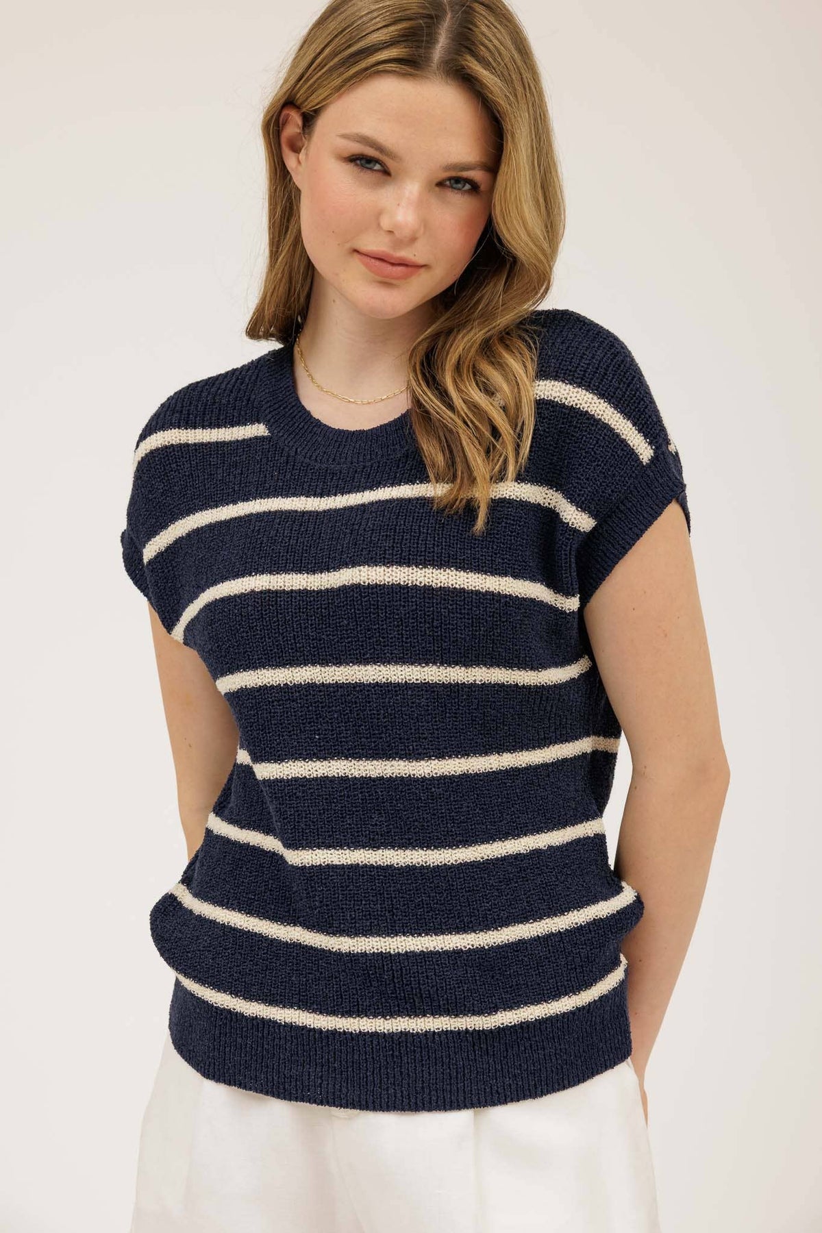 Striped Short Sleeve Knit Sweater in Navy