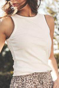 Knit Tank Top With Embroidered Neckline in Ivory