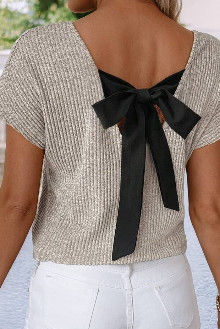 Ribbed Bow Back Top in Gray Morning