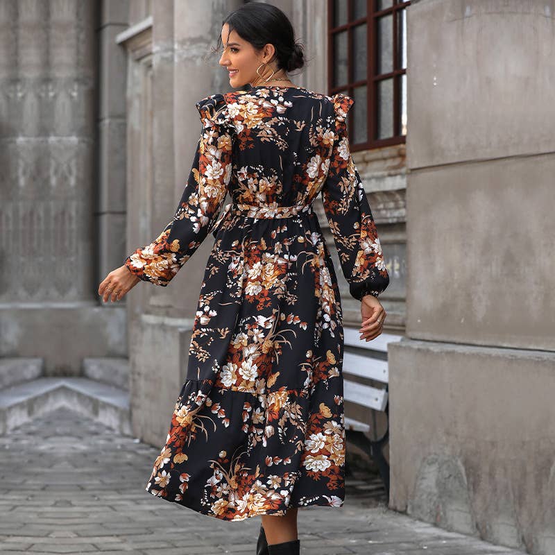 Floral Lace-Up Waist Mid-Length Dress in Black