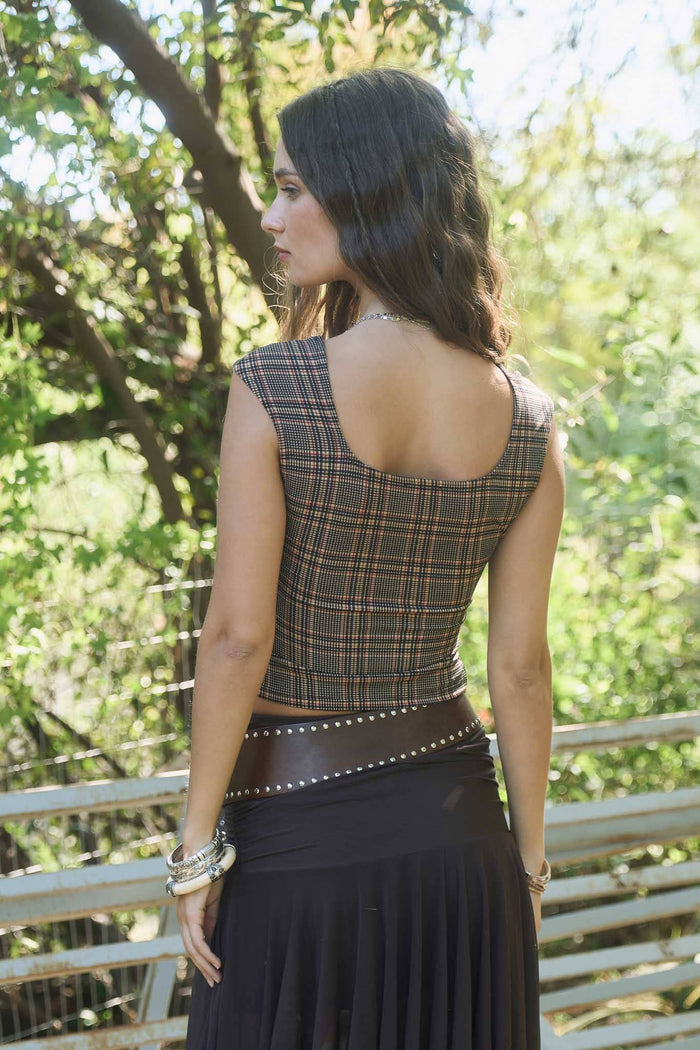 Plaid Short Sleeve Knit Top in Camel Multi