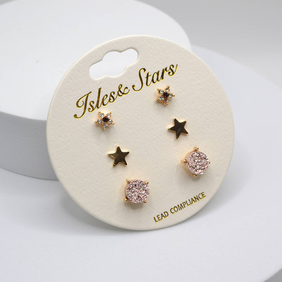 3 Pairs Small Stud Star with Stone/Metal Star/Druzy Earrings: Rose Gold