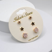 3 Pairs Small Stud Star with Stone/Metal Star/Druzy Earrings: Rose Gold