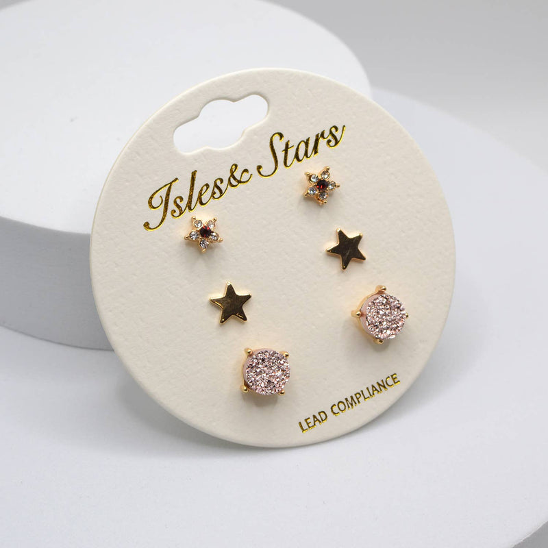 3 Pairs Small Stud Star with Stone/Metal Star/Druzy Earrings: Rose Gold