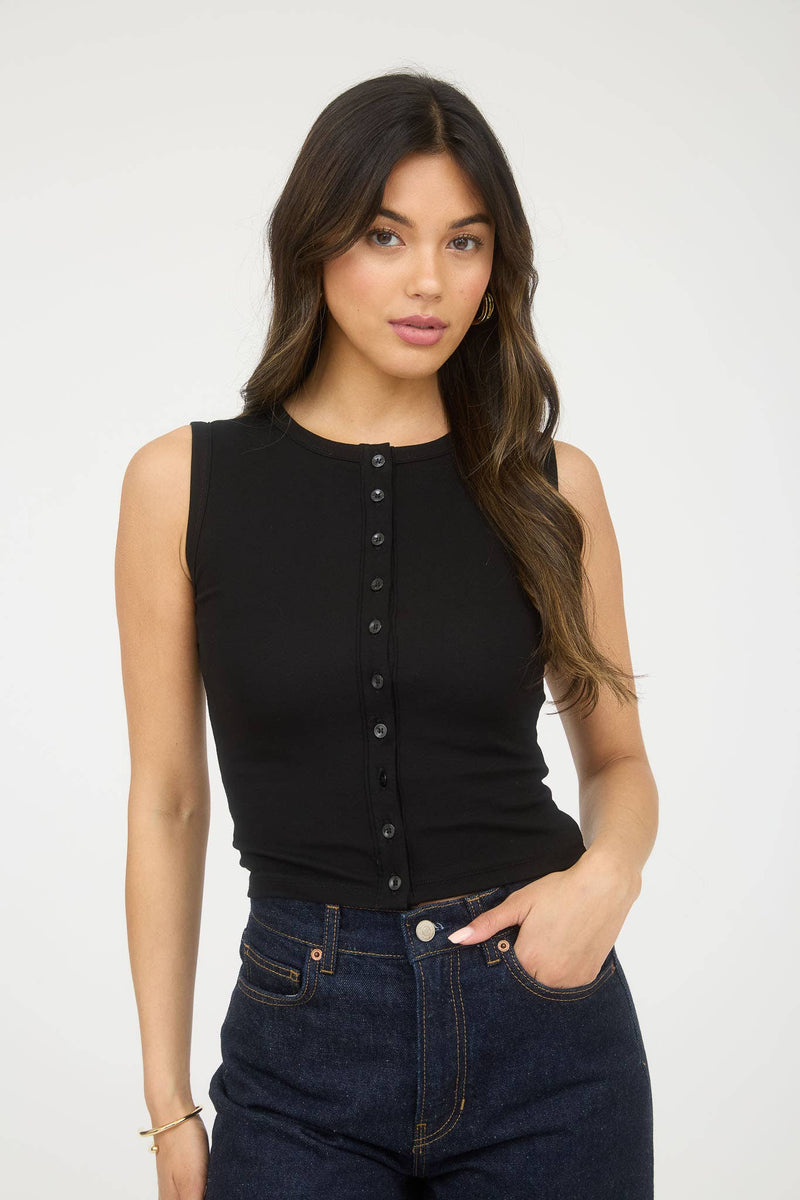 Button Down Knit Tank Top in Black