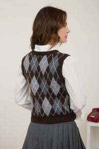Argyle Pattern Button Down Knit Cardigan Vest in Charcoal