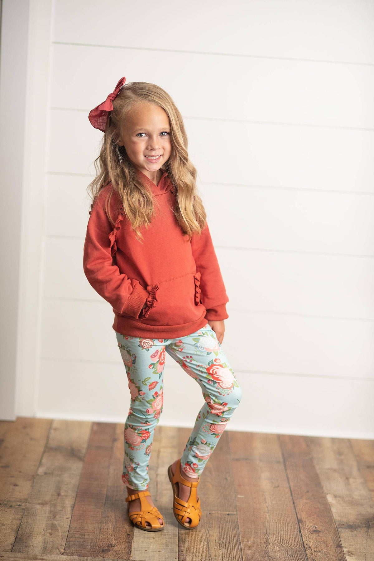 Girl’s Ruffled Hoodie & Leggings Set in Rust
