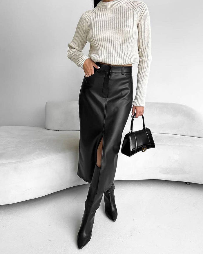 Vintage Leather Split Skirt in Black