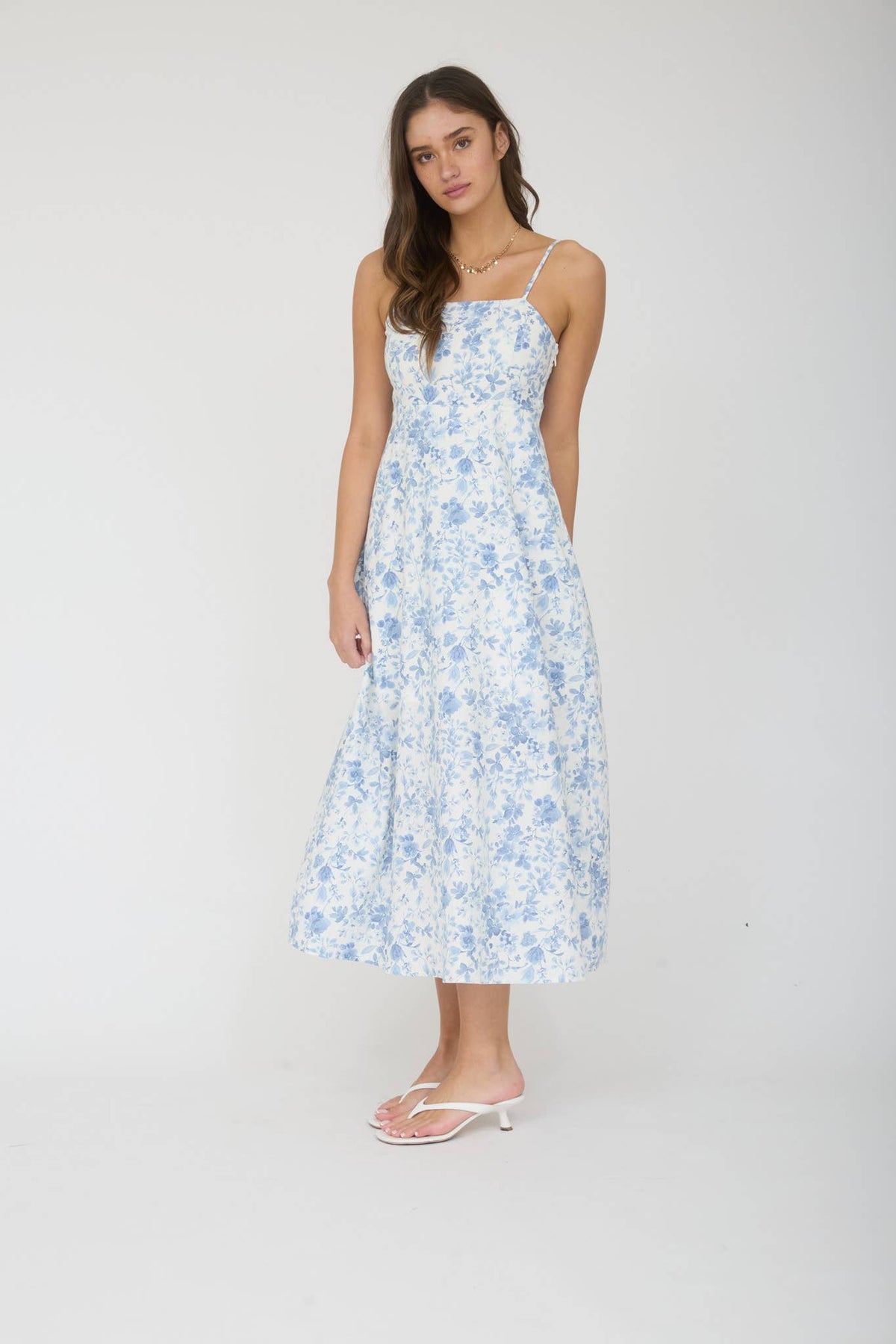 WATERCOLOR FLORAL SPAGHETTI STRAP MIDI DRESS