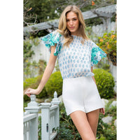 Detailed Flutter Sleeve Top in White/Blue