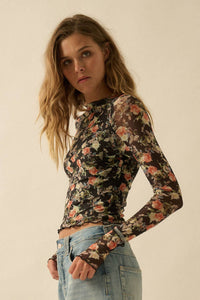 Floral Mesh Mock-Neck Thumbhole Raglan Top in Black