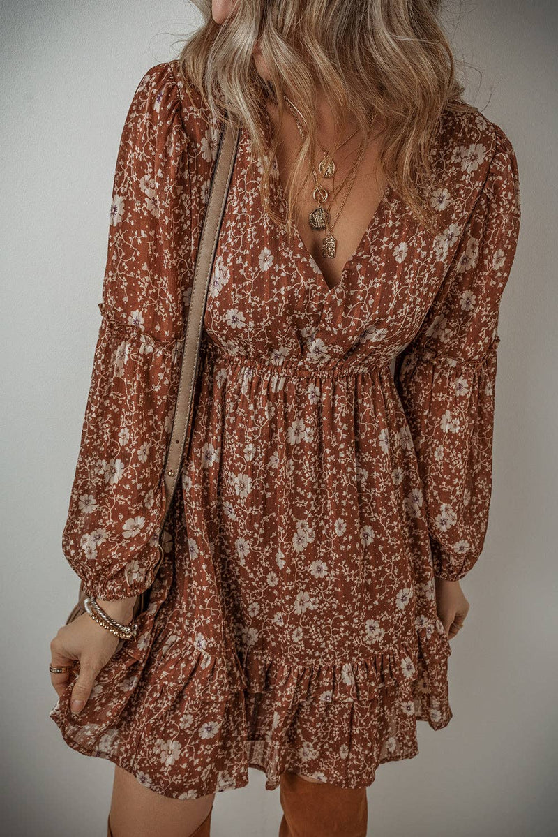 Boho Floral Ruffle V-Neck Mini Dress in Brown