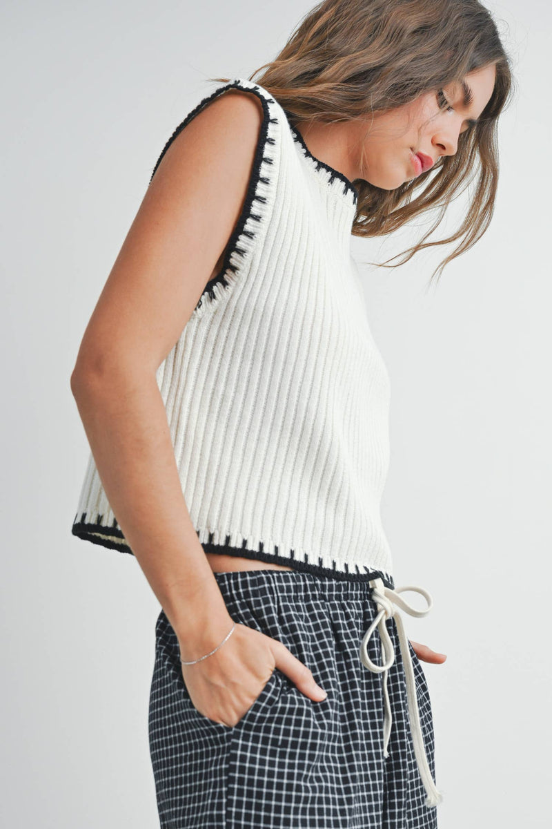Solid Cap Sleeve Sweater Vest in Ivory and Black
