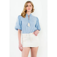Embroidered Puff Sleeve Striped Top in Blue
