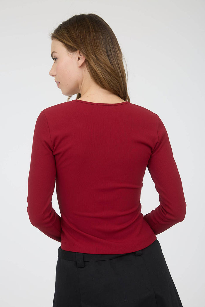Ribbed Long Sleeve Button Down Knit Top Deep Red