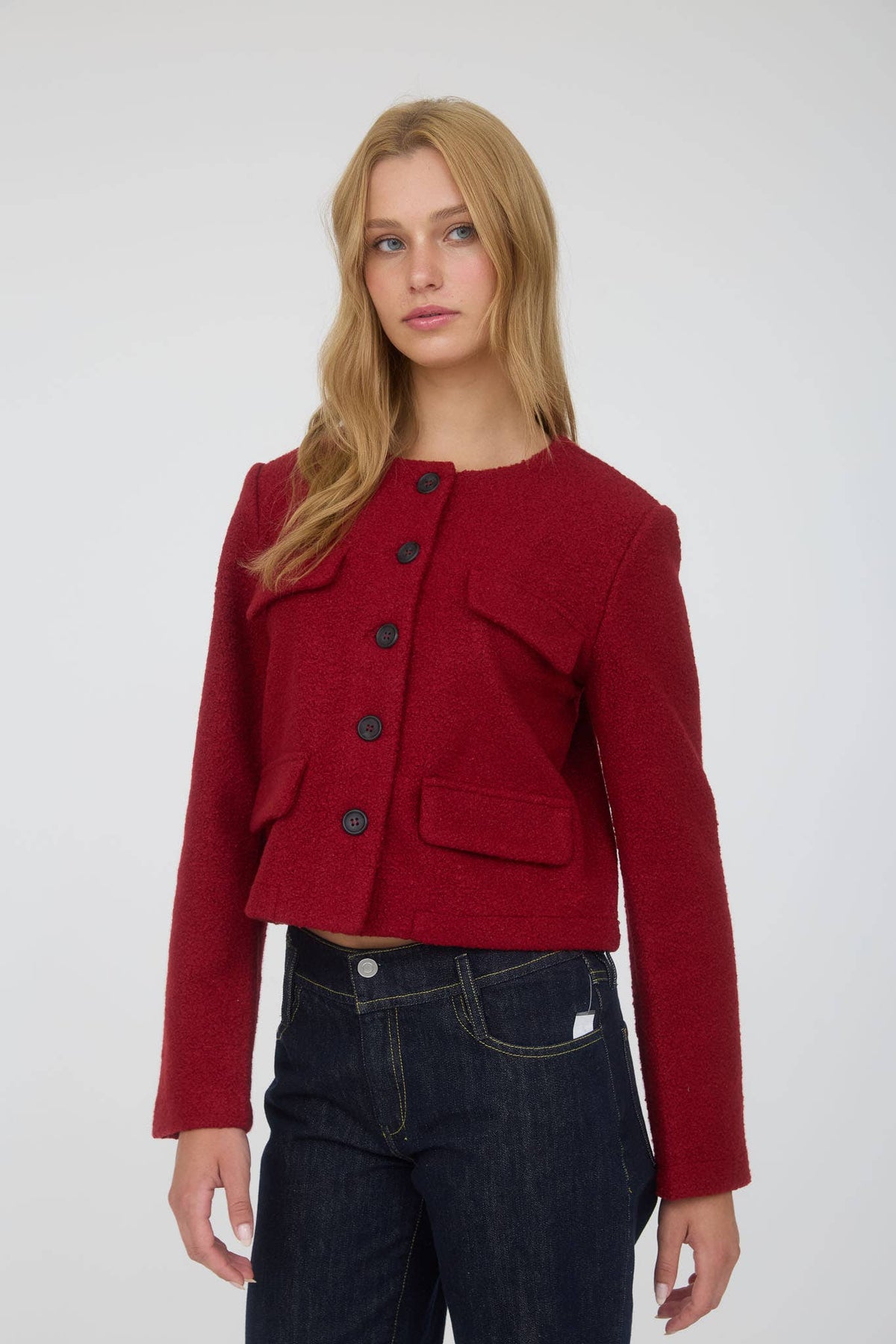 Button Down Tweed Jacket in Red