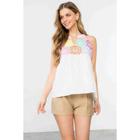 Embroidered Halter Neck Top in White
