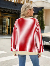 Relaxed Striped Crew Neck Sweater with Color Contrast: Red and white stripes