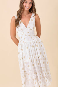 Low V-neck Floral Midi Dress in White