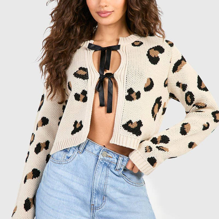 Leopard Print Knitted Cardigan with Tied Front Bow