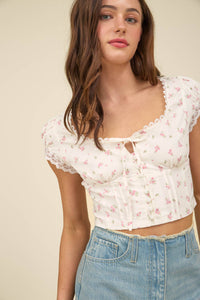 Floral Lace Trim Corset Crop Top in Pink