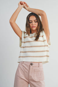 Crew Neck Striped Knit Tank Top in Ivory and Green