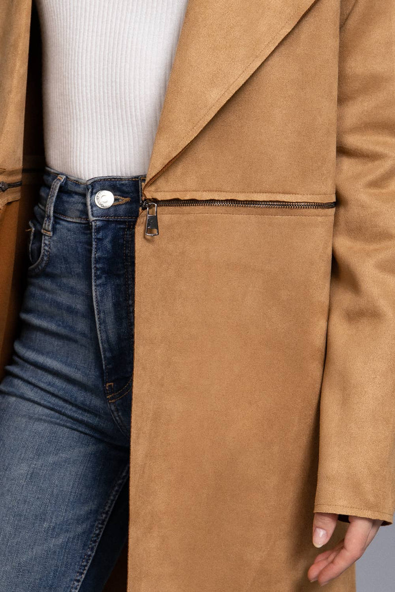 Front Zipper Detail Suede Jacket in Taupe