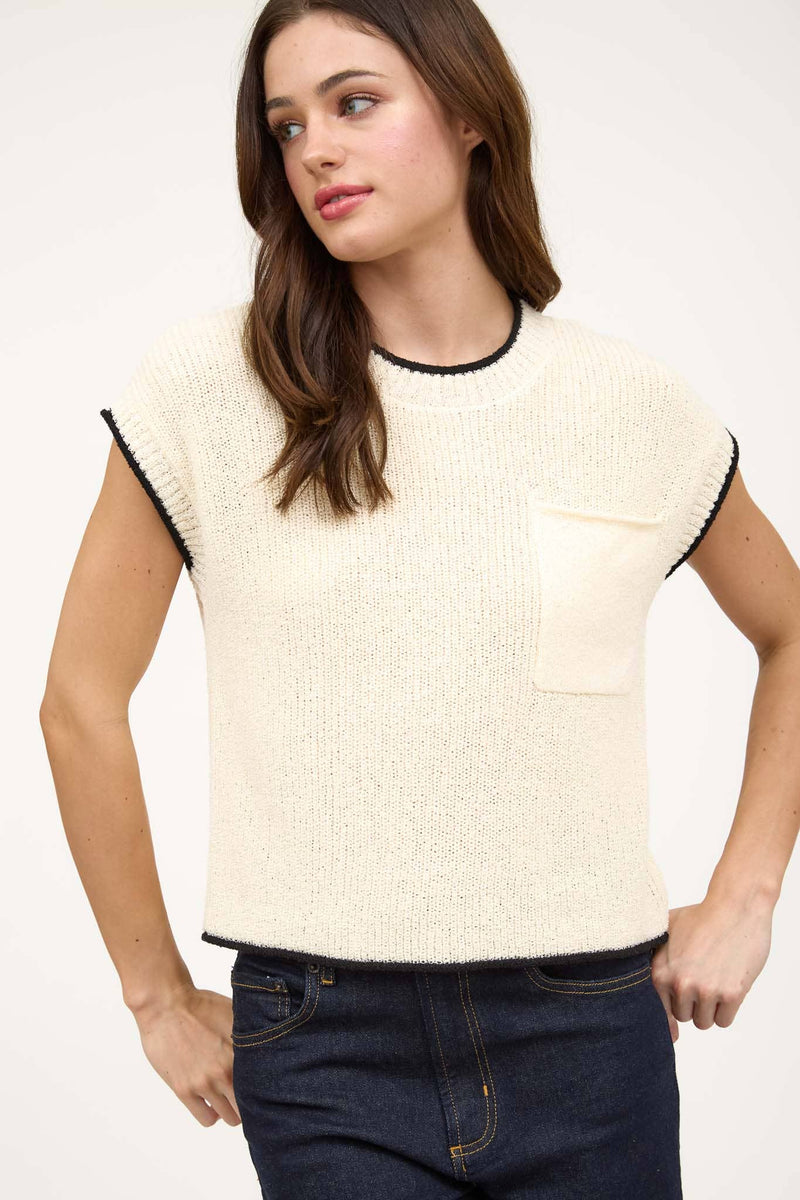 Contrast Trim Short Sleeve Pocket Detail Sweater in Black