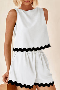 Ricrac Trim Tank Top Elastic Waist Shorts Set in White