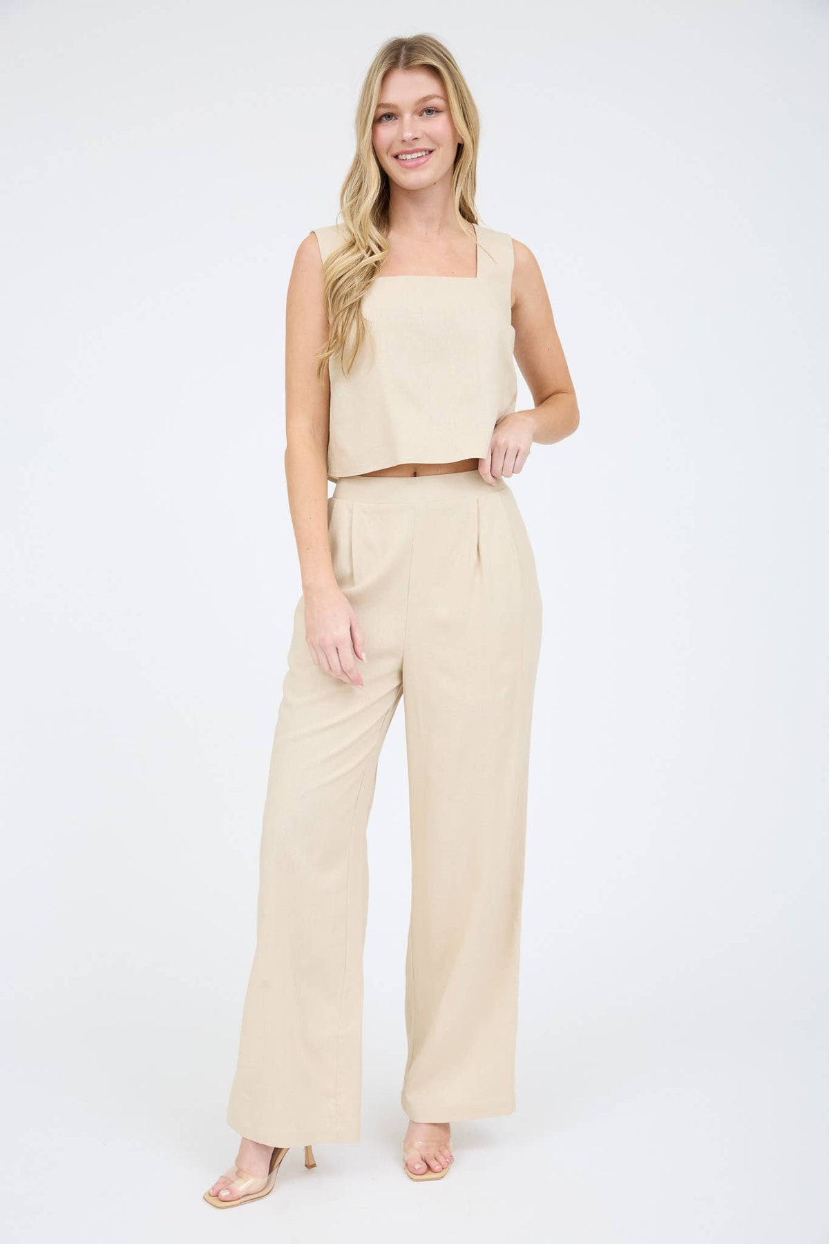 HIGH WAIST FRONT PLEAT LINEN PANTS: KHAKI