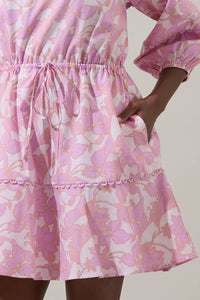 Daney Floral Dabria Split Neck Mini Dress: PINK-CREAM