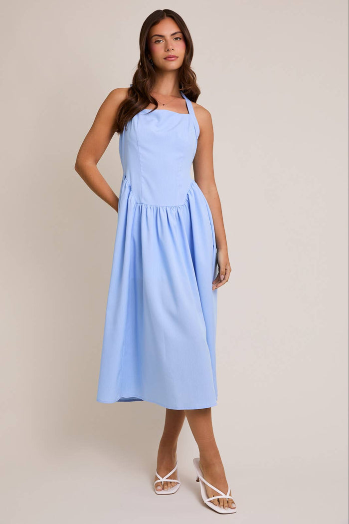 Halter Neck Midi Dress in Light Blue Stripe