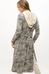 Tie-Waist Long Cardigan in Grey Camo