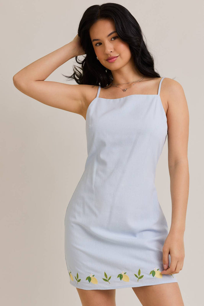 Lemon Embroidered Detail Spaghetti Strap Mini Dress