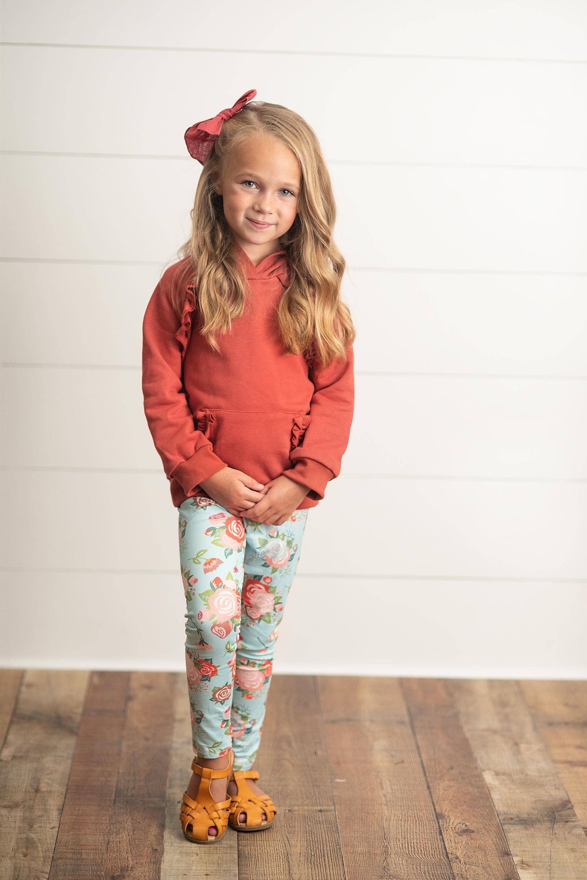 Girl’s Ruffled Hoodie & Leggings Set in Rust