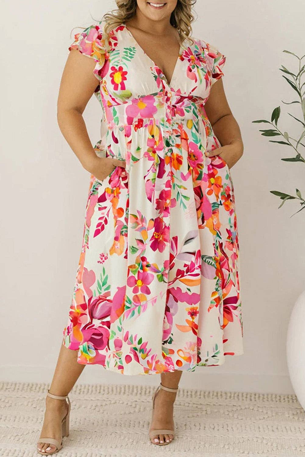 Floral Ruffle Sleeve Midi Dress in Pink Plus Size