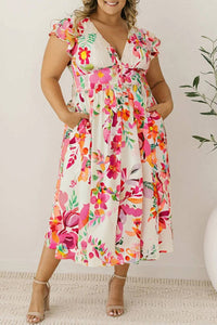 Floral Ruffle Sleeve Midi Dress in Pink Plus Size