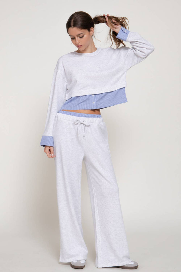Elastic Waist Long Pants with Contrasting Checkered Panel