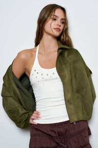 SUEDE EPAULET COLLARED ZIP-UP CROPPED JACKET : OLIVE