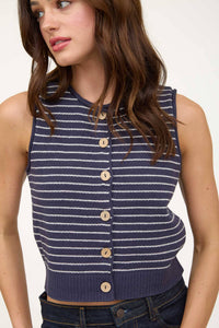 Striped Raw Edge Button-Down Cardigan Vest in Navy