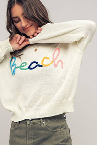 Beach Embroidered Crochet Knit Sweater in Ivory